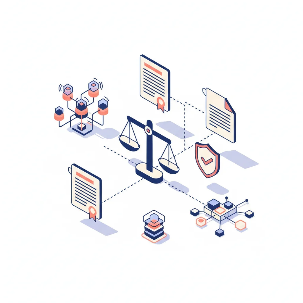 Ilustração isométrica de documentos regulatórios interconectados, ícone de balança da justiça e nós de blockchain em estilo educacional