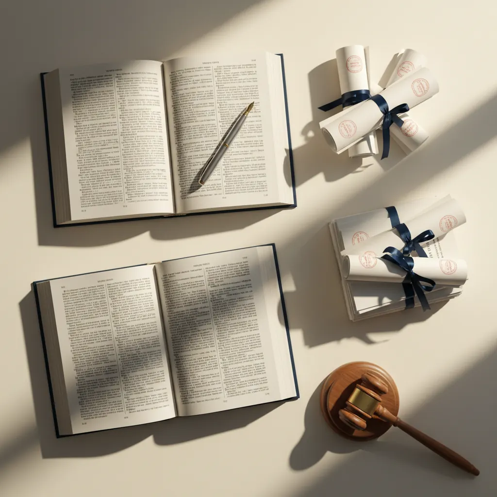 Mesa com livros de direito, documentos regulatórios impressos e caneta em superfície creme - ambiente de estudo de compliance e regulação de criptoativos