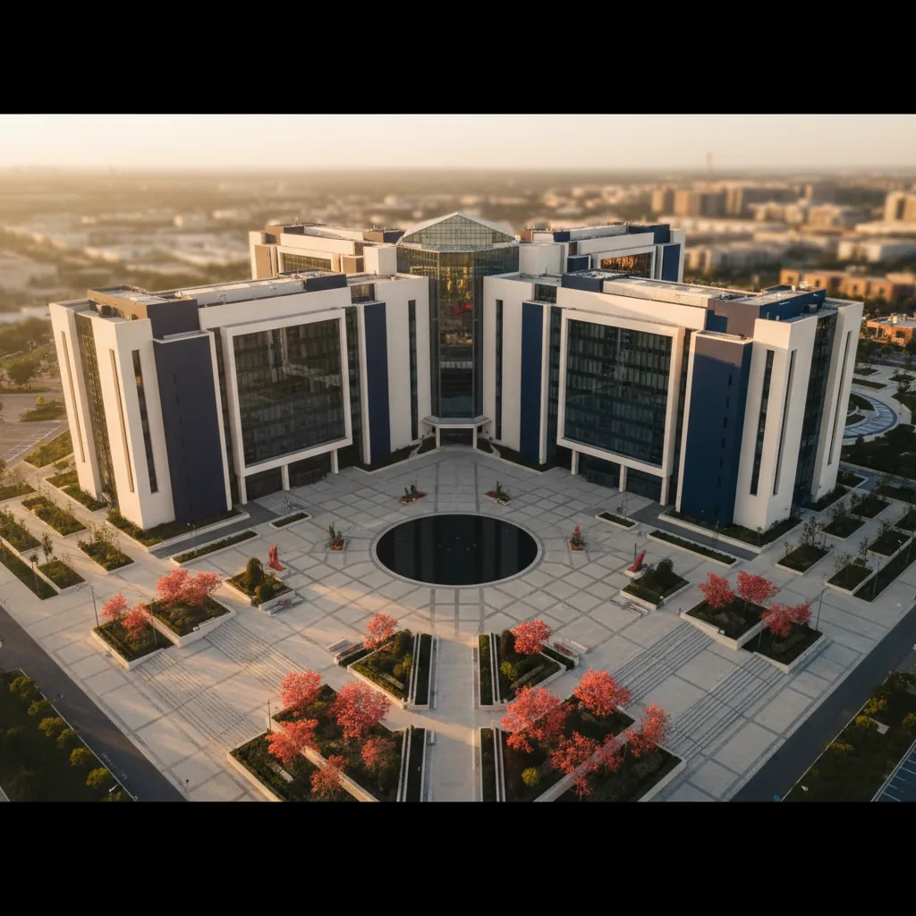 Fachada de prédio institucional moderno com arquitetura de vidro ao entardecer, representando o ambiente regulatório e de conformidade legal