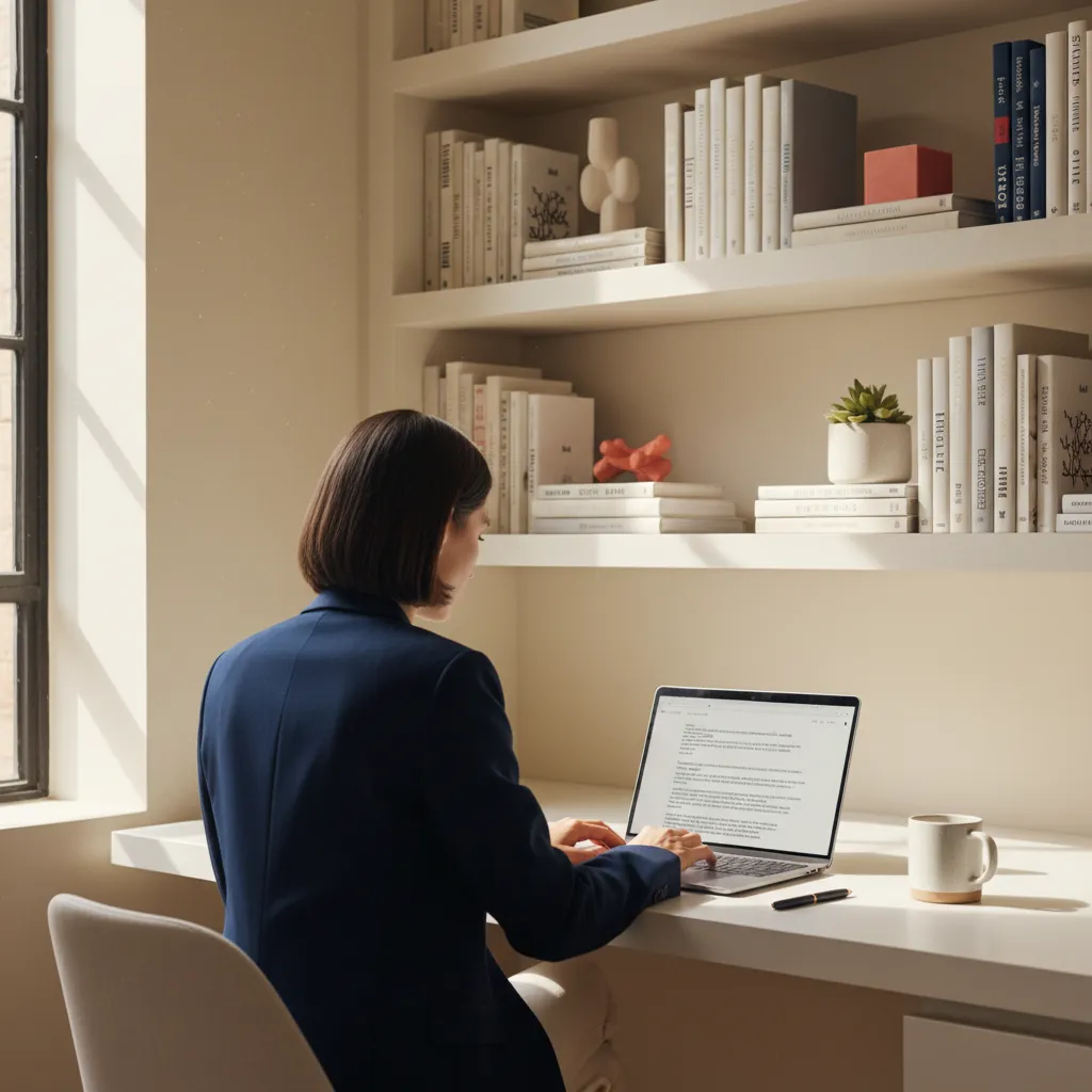 Profissional anônimo estudando documentos regulatórios em home office moderno com luz natural